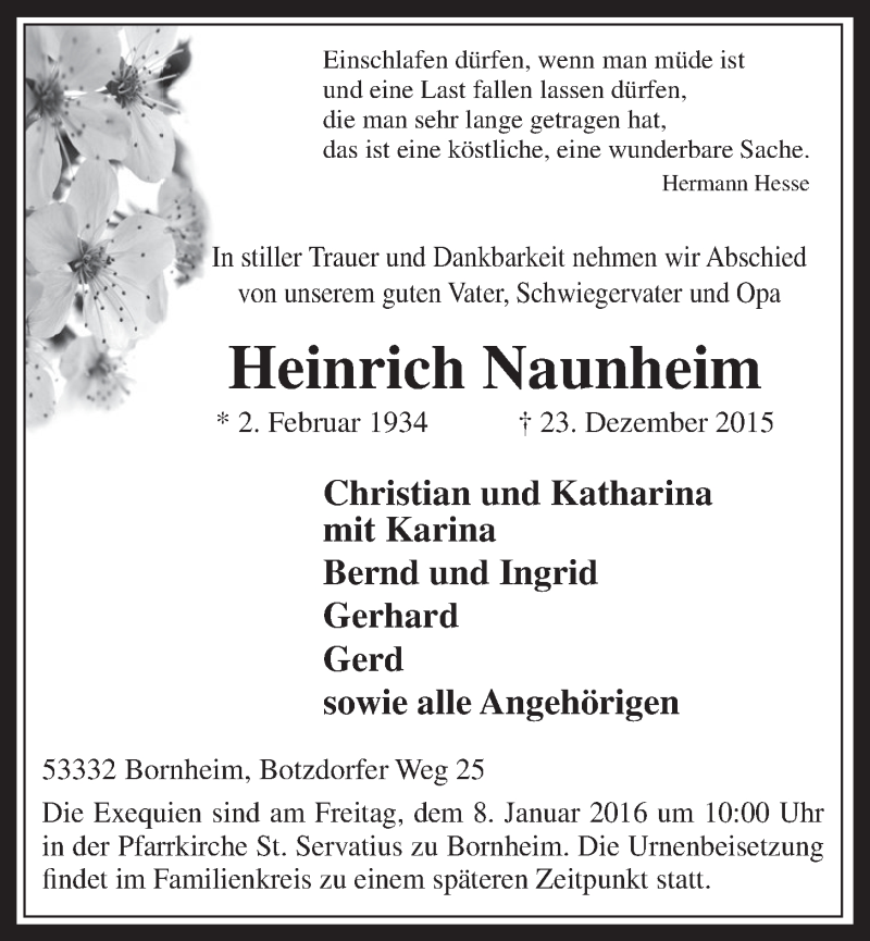  Traueranzeige für Heinrich Naunheim vom 06.01.2016 aus  Schaufenster/Blickpunkt 