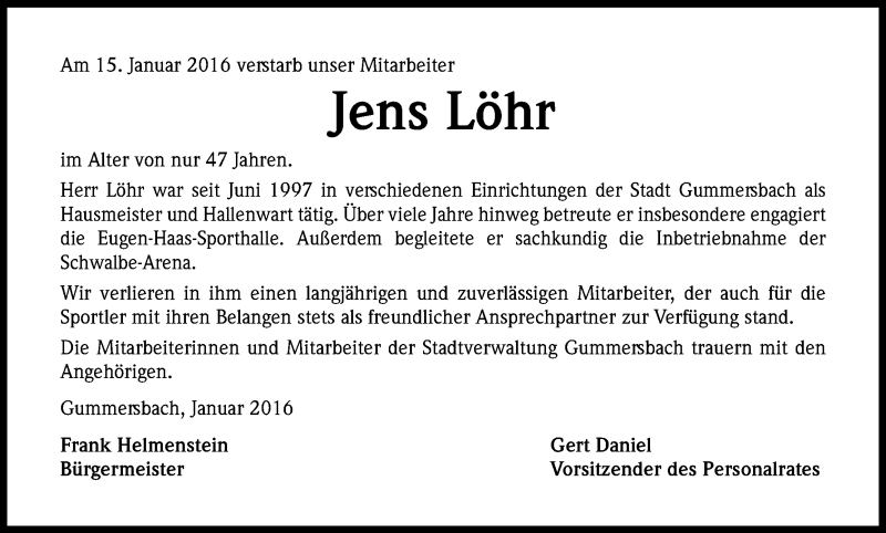  Traueranzeige für Jens Löhr vom 21.01.2016 aus Kölner Stadt-Anzeiger / Kölnische Rundschau / Express
