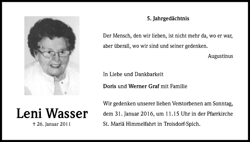  Traueranzeige für Leni Wasser vom 28.01.2016 aus Kölner Stadt-Anzeiger / Kölnische Rundschau / Express