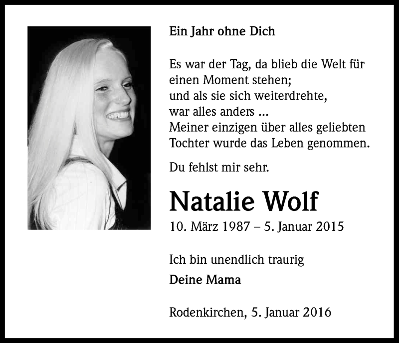  Traueranzeige für Natalie Wolf vom 05.01.2016 aus Kölner Stadt-Anzeiger / Kölnische Rundschau / Express