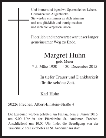 Anzeige von Margret Huhn von  Wochenende 
