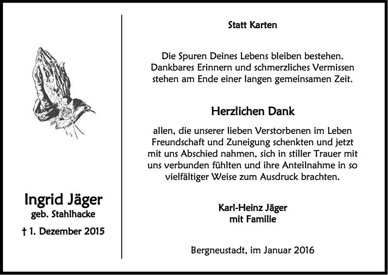  Traueranzeige für Ingrid Jäger vom 23.01.2016 aus Kölner Stadt-Anzeiger / Kölnische Rundschau / Express