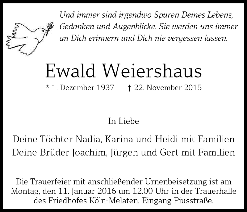  Traueranzeige für Ewald Weiershaus vom 08.01.2016 aus Kölner Stadt-Anzeiger / Kölnische Rundschau / Express