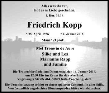 Anzeige von Friedrich Kopp von Kölner Stadt-Anzeiger / Kölnische Rundschau / Express