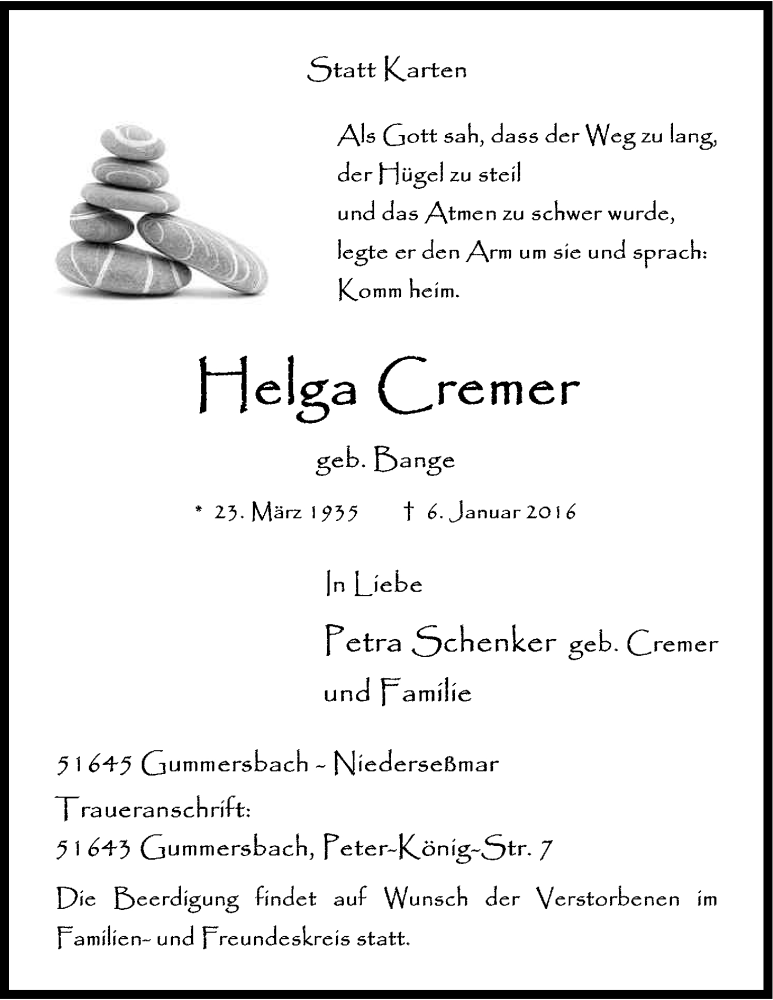  Traueranzeige für Helga Cremer vom 09.01.2016 aus Kölner Stadt-Anzeiger / Kölnische Rundschau / Express