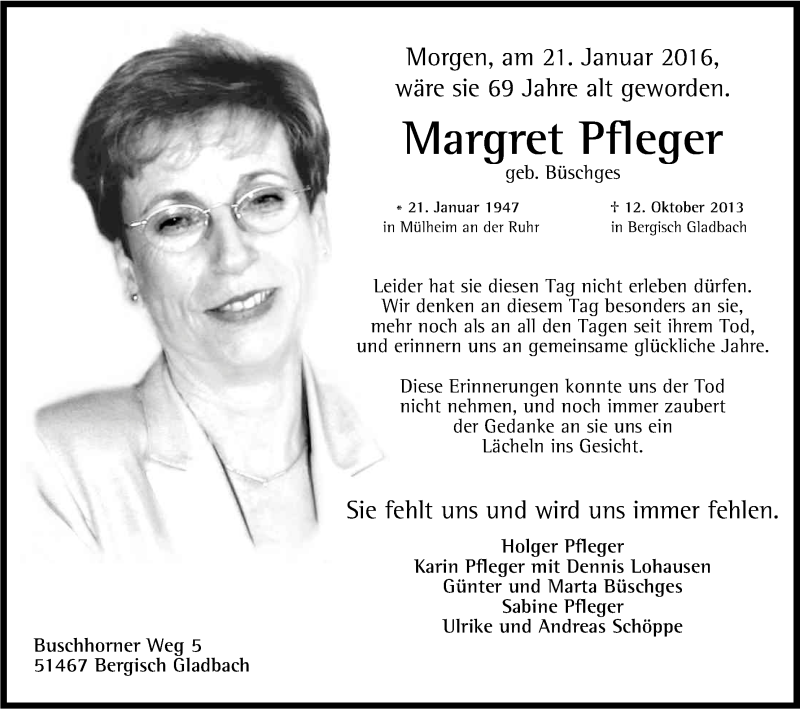  Traueranzeige für Margret Pfleger vom 20.01.2016 aus Kölner Stadt-Anzeiger / Kölnische Rundschau / Express