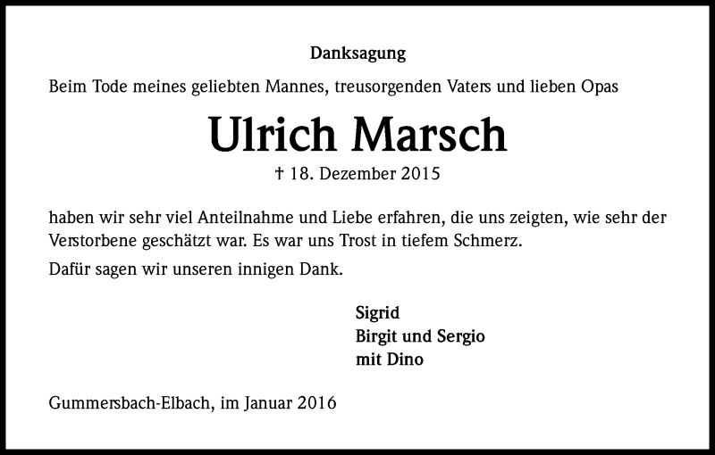 Traueranzeige für Ulrich Marsch vom 13.01.2016 aus Kölner Stadt-Anzeiger / Kölnische Rundschau / Express