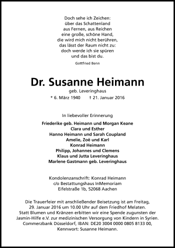 Anzeige von Susanne Heimann von Kölner Stadt-Anzeiger / Kölnische Rundschau / Express