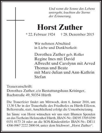 Anzeige von Horst Zuther von  Sonntags-Post 