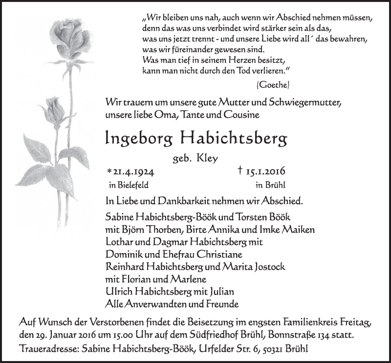  Traueranzeige für Ingeborg Habichtsberg vom 27.01.2016 aus  Schlossbote/Werbekurier 