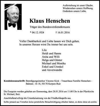 Anzeige von Klaus Henschen von Kölner Stadt-Anzeiger / Kölnische Rundschau / Express