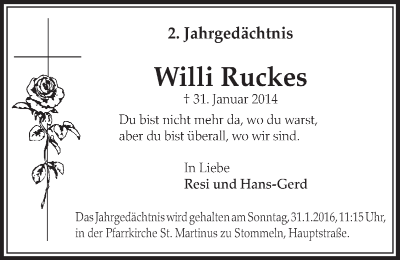  Traueranzeige für Willi Ruckes vom 30.01.2016 aus  Sonntags-Post 