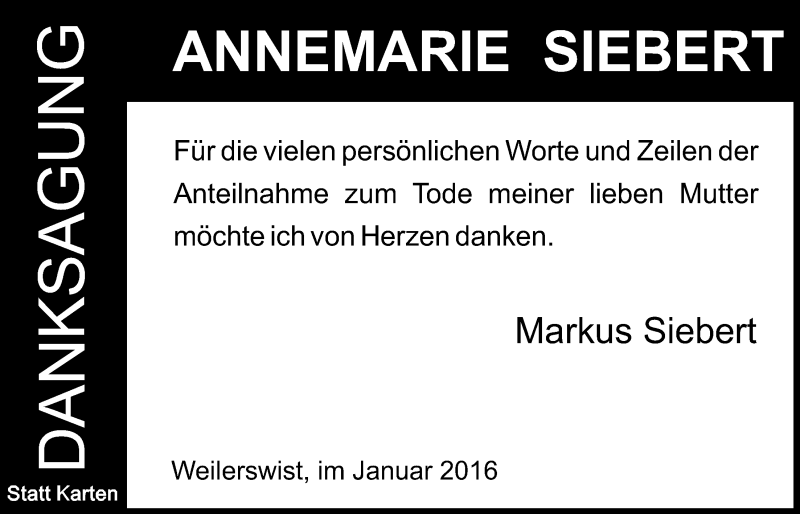  Traueranzeige für Annemarie Siebert vom 10.01.2016 aus  Blickpunkt Euskirchen 