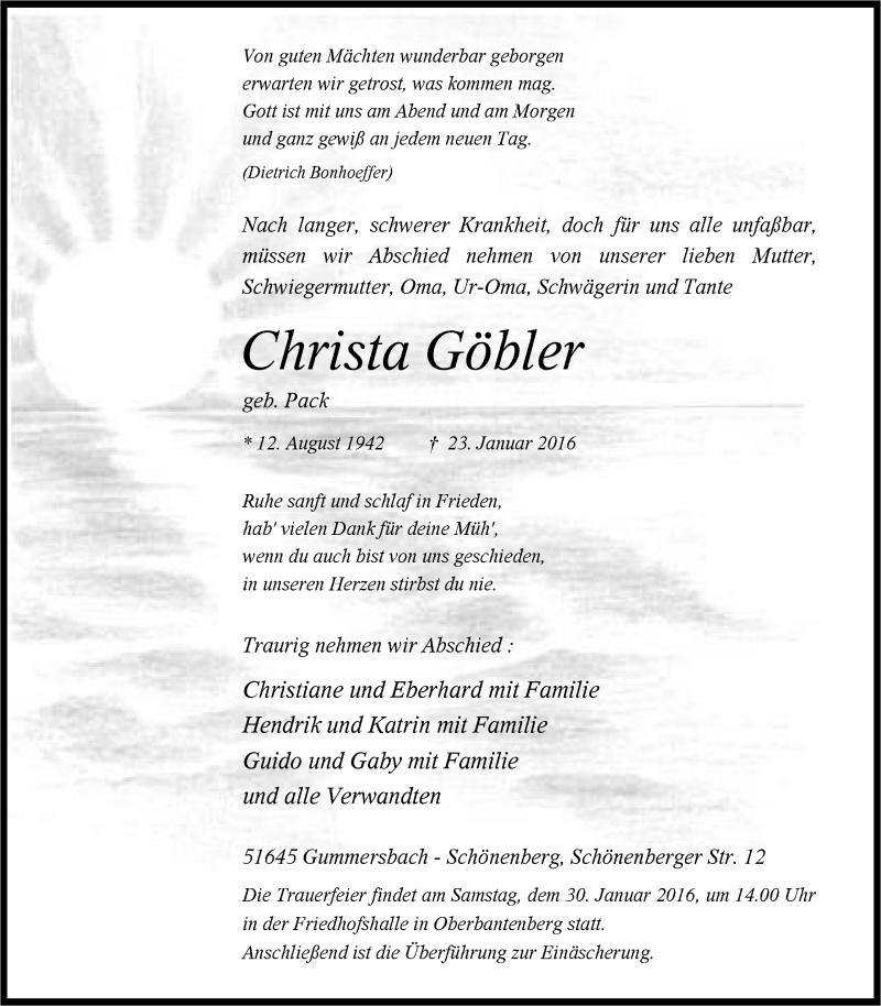  Traueranzeige für Christa Göbler vom 27.01.2016 aus  Anzeigen Echo 