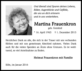 Anzeige von Martina Frauenkron von Kölner Stadt-Anzeiger / Kölnische Rundschau / Express