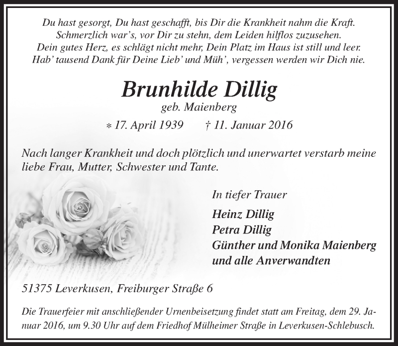  Traueranzeige für Brunhilde Dillig vom 20.01.2016 aus  Lokale Informationen 