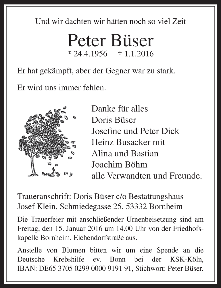  Traueranzeige für Peter Büser vom 13.01.2016 aus  Schaufenster/Blickpunkt 