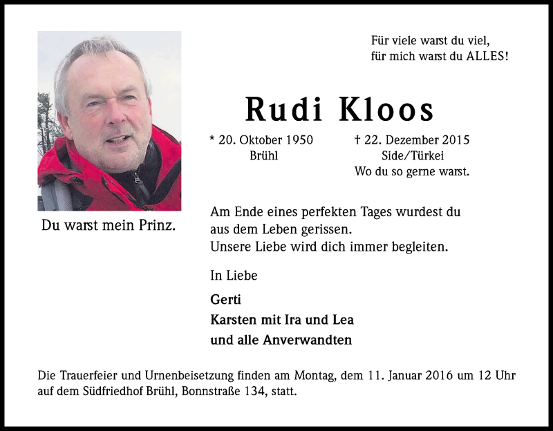  Traueranzeige für Rudi Kloos vom 04.01.2016 aus Kölner Stadt-Anzeiger / Kölnische Rundschau / Express