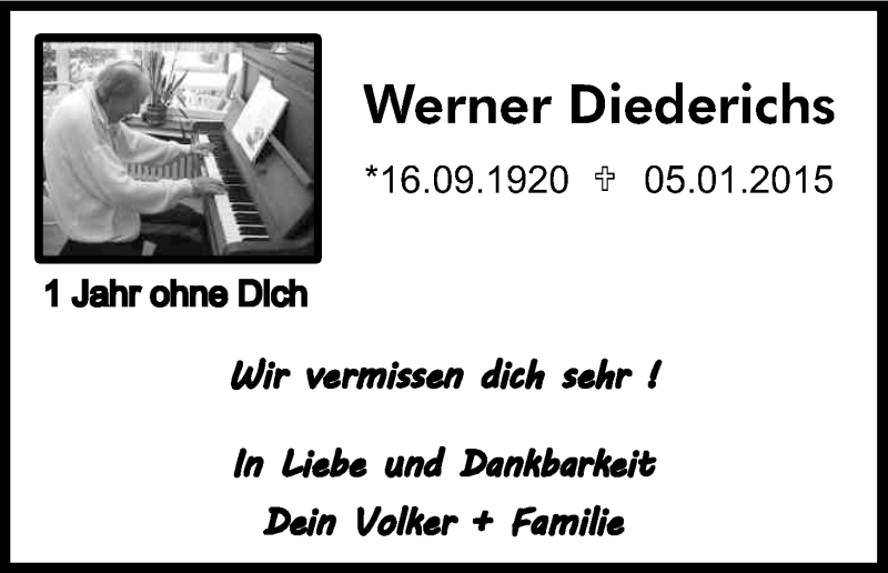  Traueranzeige für Werner Diederichs vom 02.01.2016 aus Kölner Stadt-Anzeiger / Kölnische Rundschau / Express