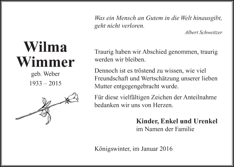  Traueranzeige für Wilma Wimmer vom 09.01.2016 aus  Rhein-Sieg-Wochenende 