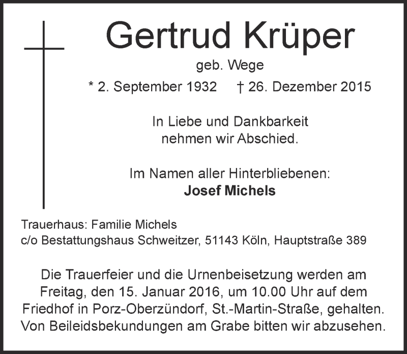  Traueranzeige für Gertrud Krüper vom 06.01.2016 aus  Kölner Wochenspiegel 