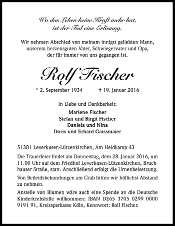 Anzeige von Rolf Fischer von Kölner Stadt-Anzeiger / Kölnische Rundschau / Express