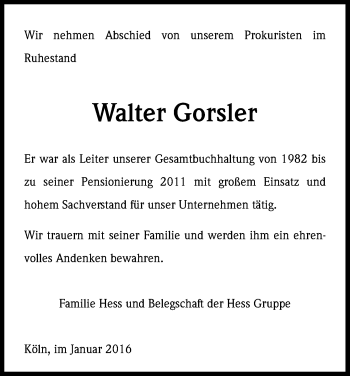 Anzeige von Walter Gorsler von Kölner Stadt-Anzeiger / Kölnische Rundschau / Express