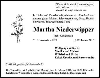 Anzeige von Martha Niederwipper von Kölner Stadt-Anzeiger / Kölnische Rundschau / Express