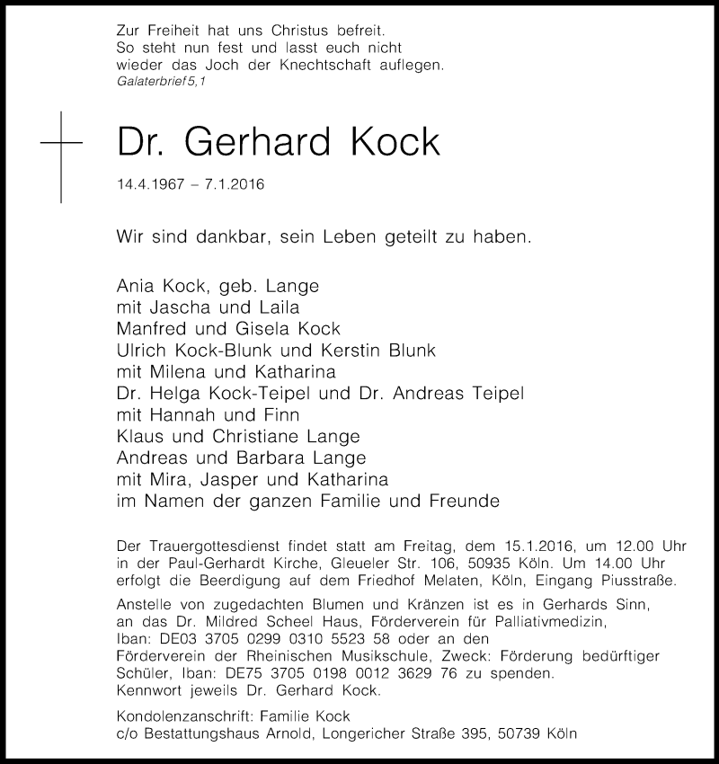  Traueranzeige für Gerhard  Kock vom 13.01.2016 aus Kölner Stadt-Anzeiger / Kölnische Rundschau / Express