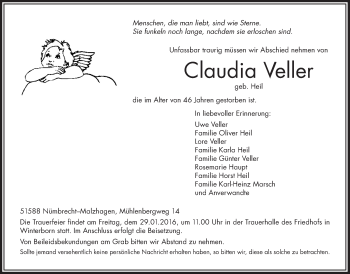Anzeige von Claudia Veller von  Anzeigen Echo  Lokalanzeiger 
