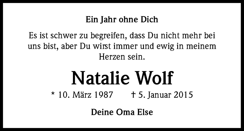  Traueranzeige für Natalie Wolf vom 05.01.2016 aus Kölner Stadt-Anzeiger / Kölnische Rundschau / Express