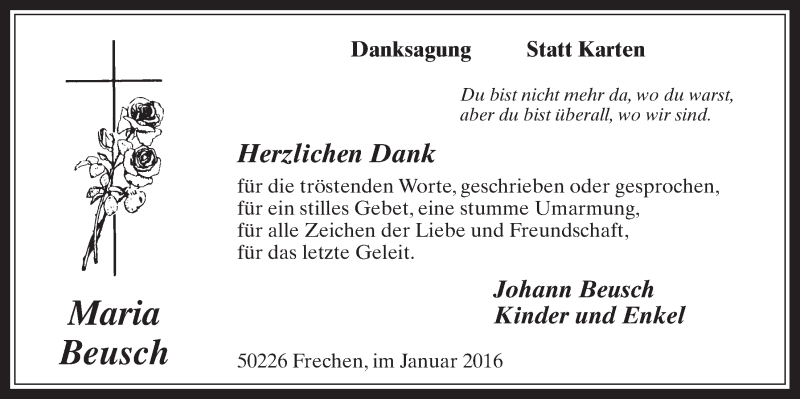  Traueranzeige für Maria Beusch vom 27.01.2016 aus  Wochenende 