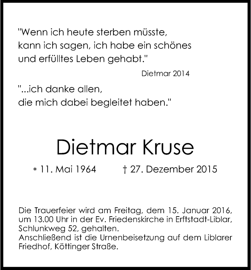  Traueranzeige für Dietmar Kruse vom 09.01.2016 aus Kölner Stadt-Anzeiger / Kölnische Rundschau / Express