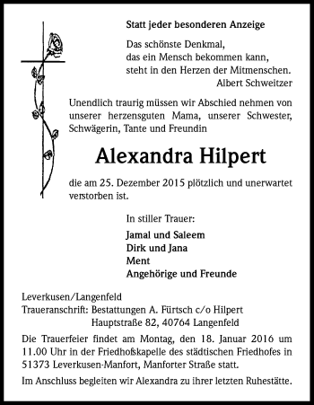 Anzeige von Alexandra Hilpert von Kölner Stadt-Anzeiger / Kölnische Rundschau / Express