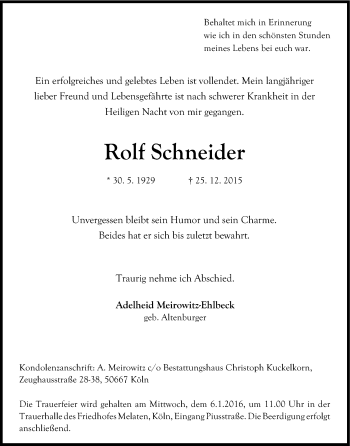 Anzeige von Rolf Schneider von Kölner Stadt-Anzeiger / Kölnische Rundschau / Express