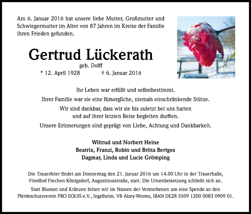  Traueranzeige für Gertrud Lückerath vom 16.01.2016 aus Kölner Stadt-Anzeiger / Kölnische Rundschau / Express