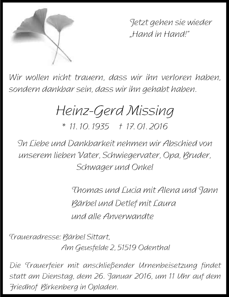  Traueranzeige für Heinz-Gerd Missing vom 20.01.2016 aus Kölner Stadt-Anzeiger / Kölnische Rundschau / Express