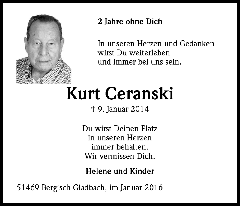  Traueranzeige für Kurt Ceranski vom 09.01.2016 aus Kölner Stadt-Anzeiger / Kölnische Rundschau / Express