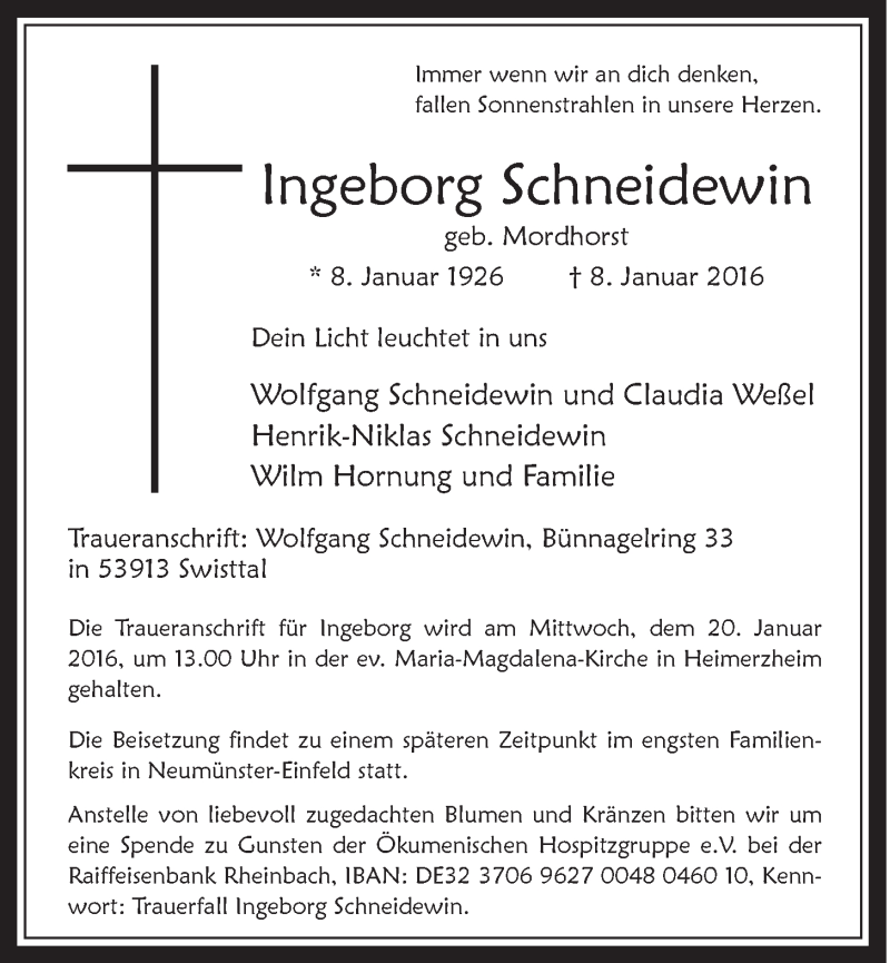  Traueranzeige für Ingeborg Schneidewin vom 20.01.2016 aus  Schaufenster/Blickpunkt 