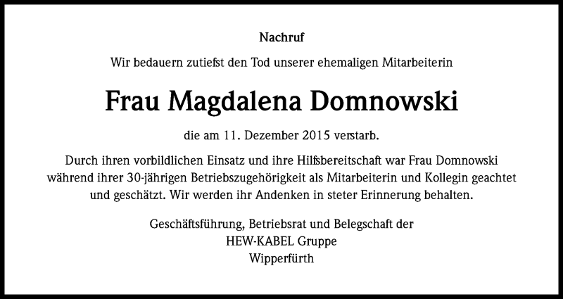  Traueranzeige für Magdalena Domnowski vom 09.01.2016 aus Kölner Stadt-Anzeiger / Kölnische Rundschau / Express