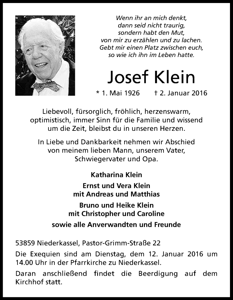  Traueranzeige für Josef Klein vom 09.01.2016 aus Kölner Stadt-Anzeiger / Kölnische Rundschau / Express