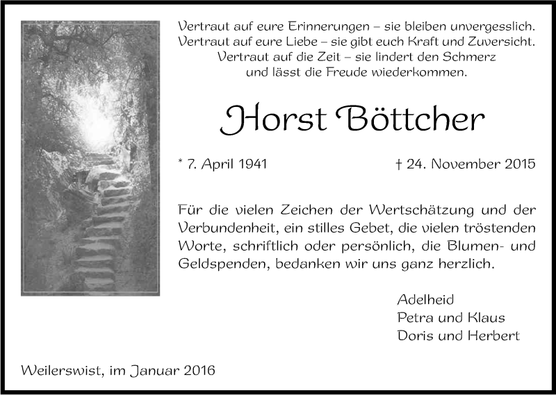 Traueranzeige für Horst Böttcher vom 23.01.2016 aus Kölner Stadt-Anzeiger / Kölnische Rundschau / Express