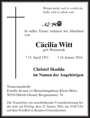 Anzeige von Cäcilia Witt von  Werbepost 