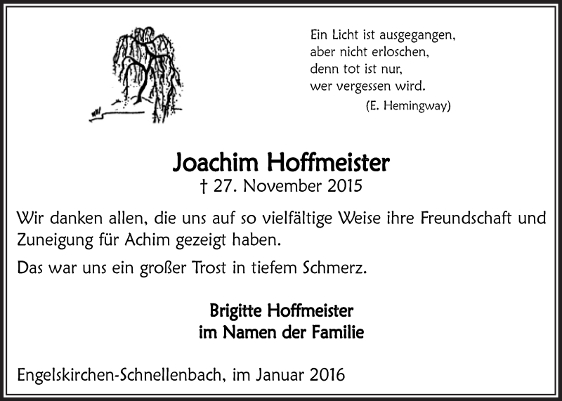  Traueranzeige für Joachim Hoffmeister vom 13.01.2016 aus  Anzeigen Echo 