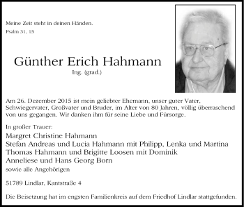 Anzeige von Günther Erich Hahmann von Kölner Stadt-Anzeiger / Kölnische Rundschau / Express
