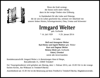 Anzeige von Irmgard Welter von Kölner Stadt-Anzeiger / Kölnische Rundschau / Express