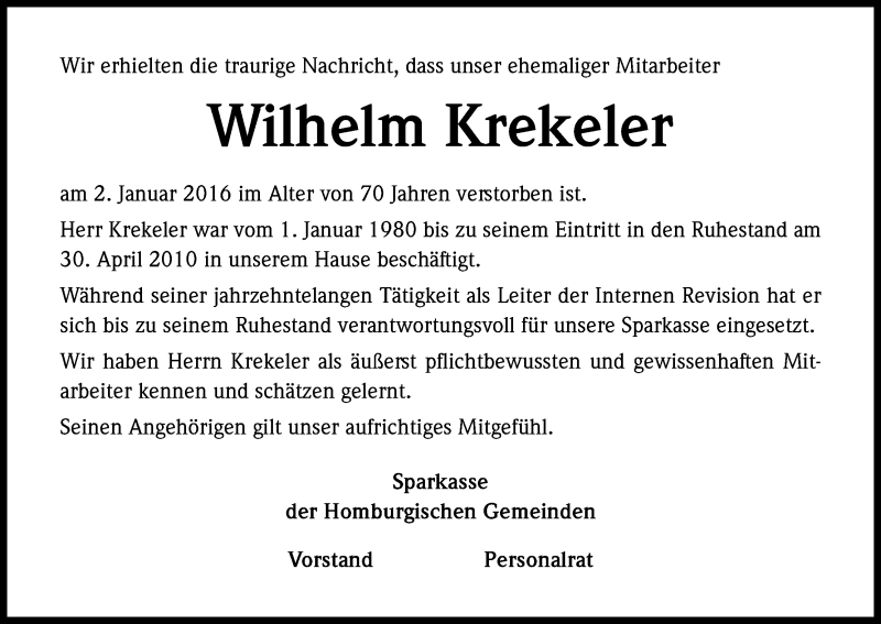  Traueranzeige für Wilhelm Krekeler vom 07.01.2016 aus Kölner Stadt-Anzeiger / Kölnische Rundschau / Express