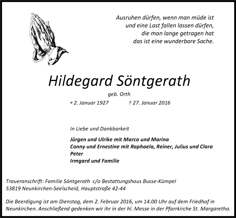  Traueranzeige für Hildegard Söntgerath vom 29.01.2016 aus Kölner Stadt-Anzeiger / Kölnische Rundschau / Express