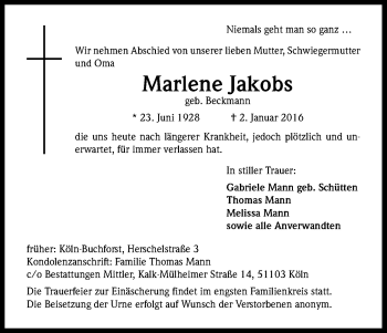 Anzeige von Marlene Jakobs von Kölner Stadt-Anzeiger / Kölnische Rundschau / Express