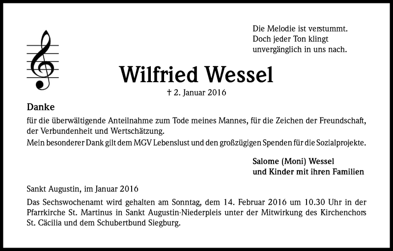  Traueranzeige für Wilfried Wessel vom 30.01.2016 aus Kölner Stadt-Anzeiger / Kölnische Rundschau / Express